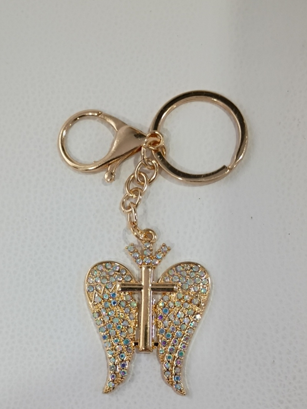 Gold-Tone Angel Wings Cross Keyring with Crystal Accents